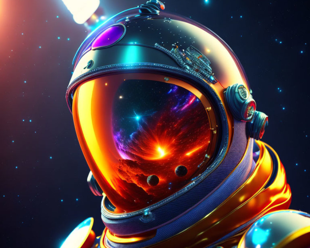 Astronaut helmet reflecting vibrant cosmic scene