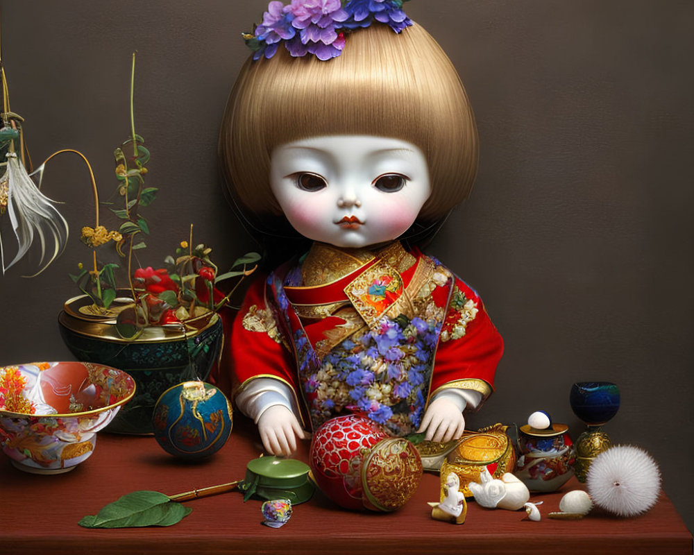 Digital art: Doll with large eyes in red kimono and blue flowers