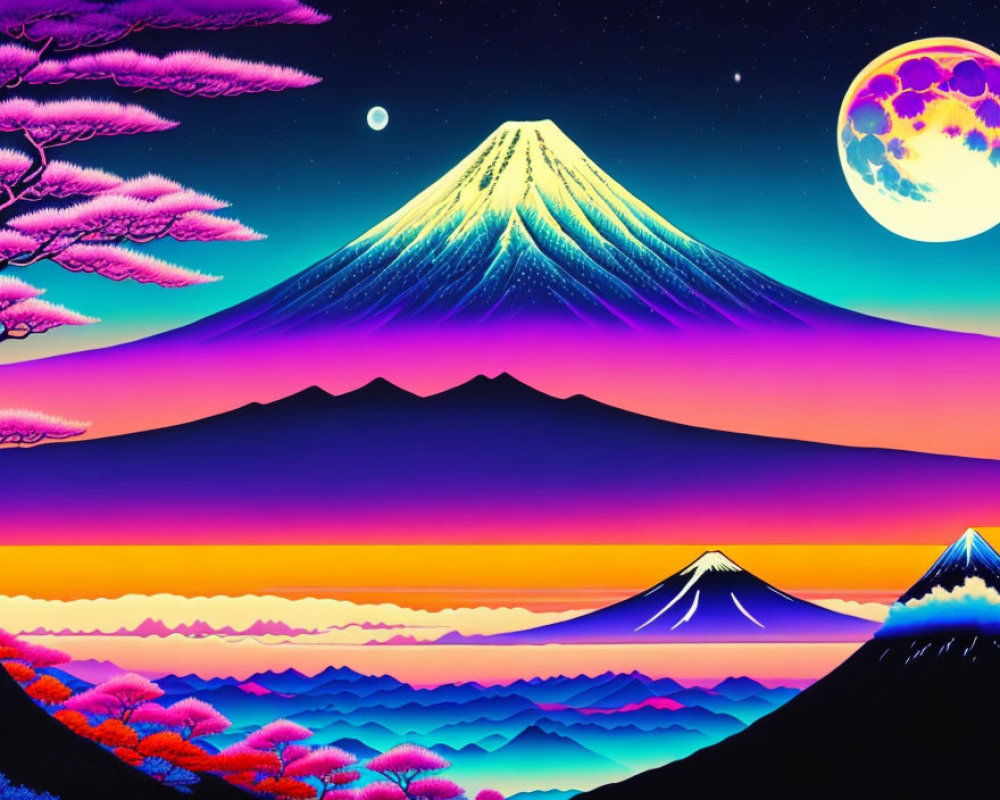 Digital Art: Surreal Landscape with Mount Fuji, Colorful Trees, and Double Moons