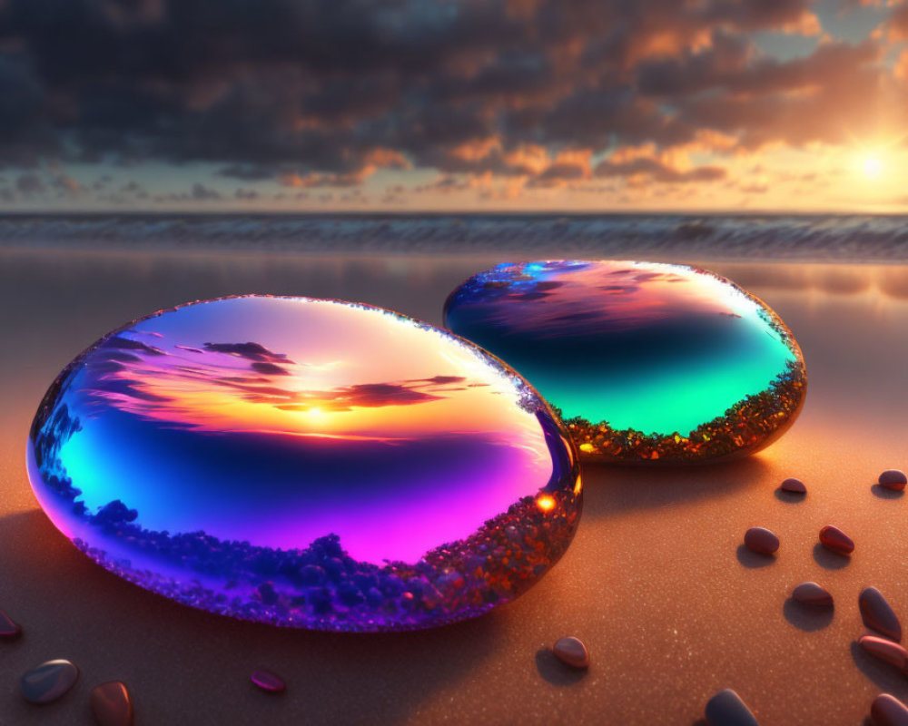 Iridescent Stones Reflecting Sunset on Sandy Beach
