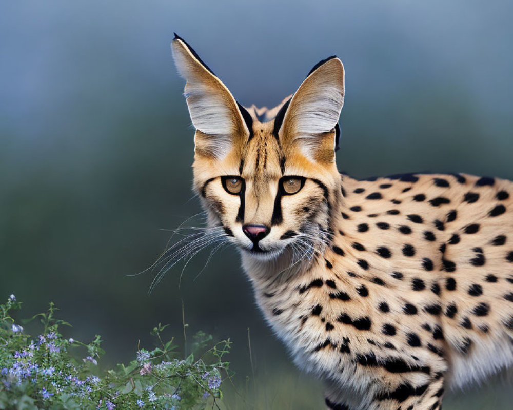 Alert serval cat with distinctive spotted coat in natural setting