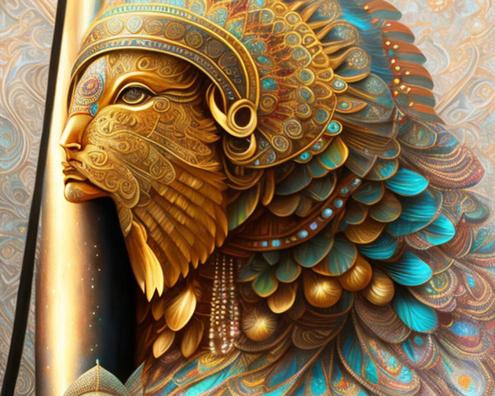 Detailed artistic representation of figure with human head and lion's mane in Egyptian style.