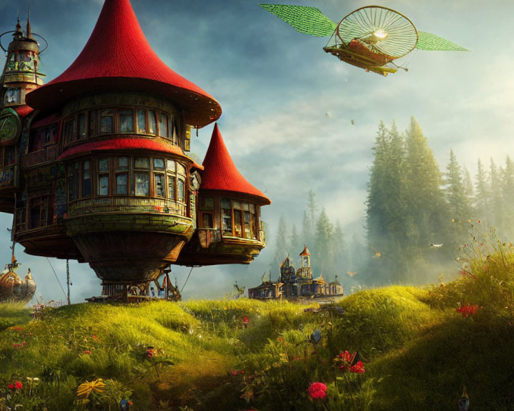 Floating house with red roofs in lush green meadow, flying machine above, figures on ground