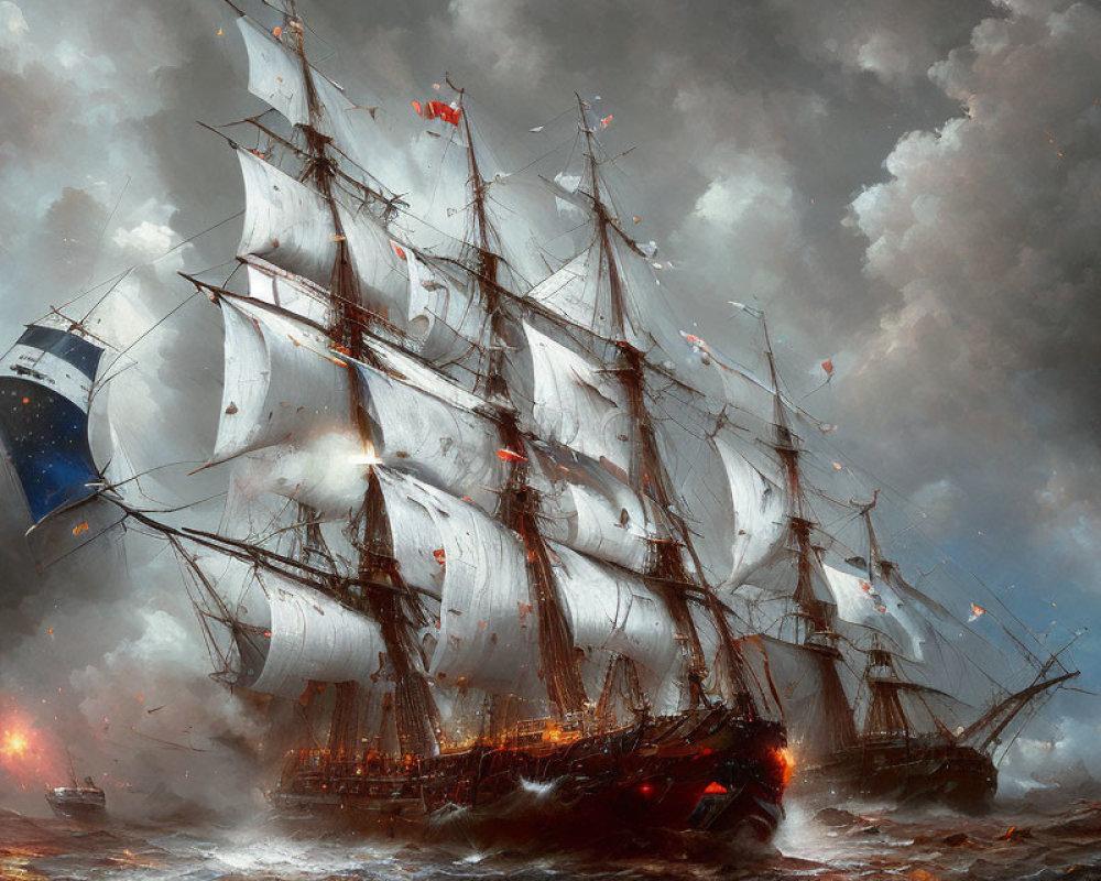 Majestic tall ship battles stormy seas with billowing sails