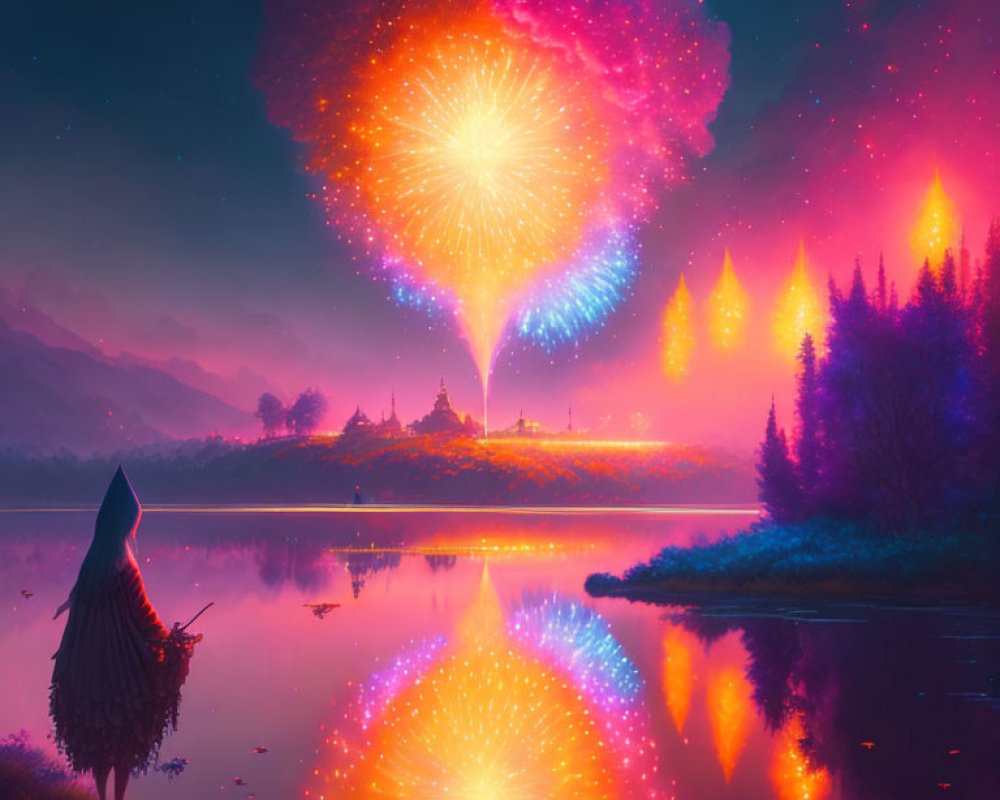 Digital artwork of cloaked figure by lake with castle and fireworks