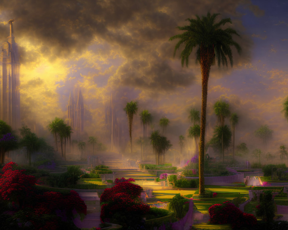 Fantasy landscape at dusk with gardens, waterfalls, spires, palm trees, and cloudy sky