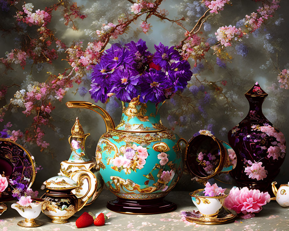 Ornate tea set with turquoise vase, purple flowers, cherry blossoms, and strawberries on reflective