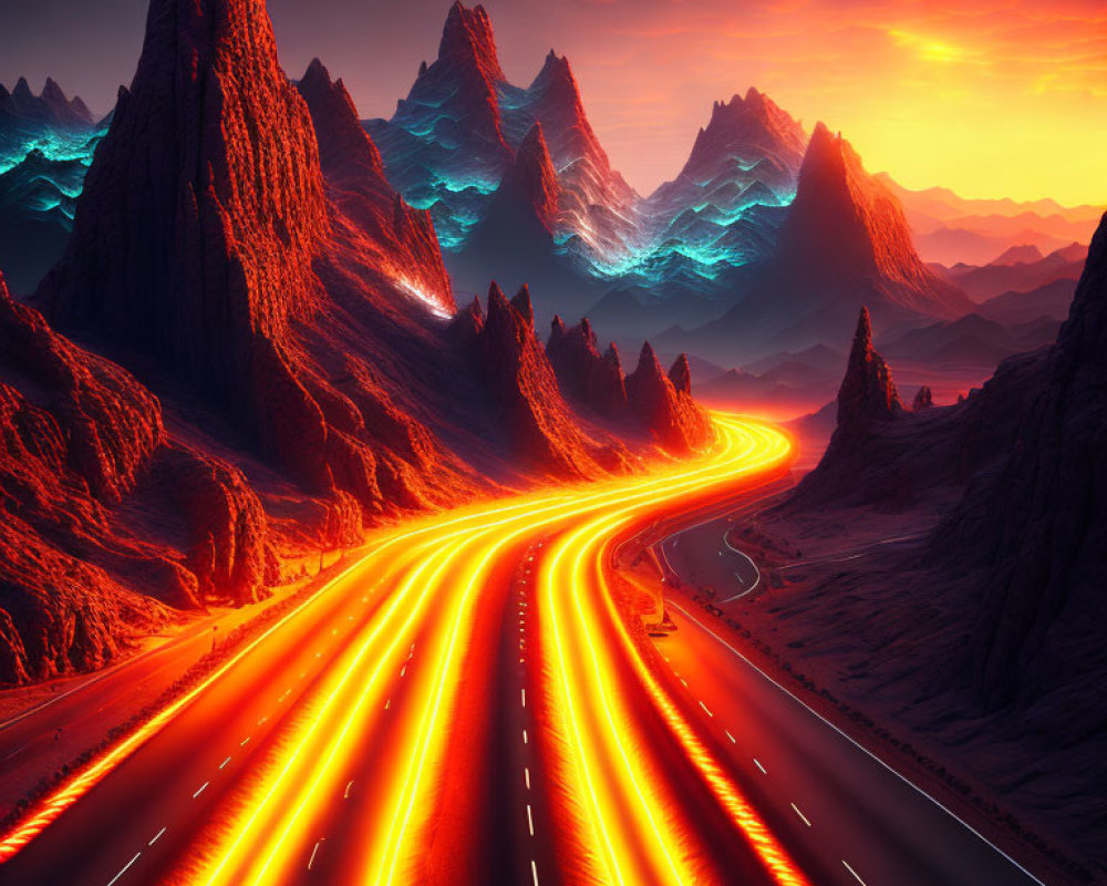 Surreal landscape with vibrant light trails on winding road and towering red mountains