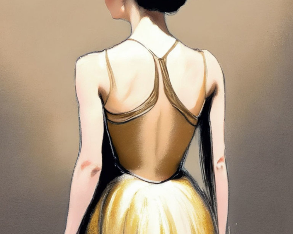 Woman in updo wearing gold and black ballet dress from back view