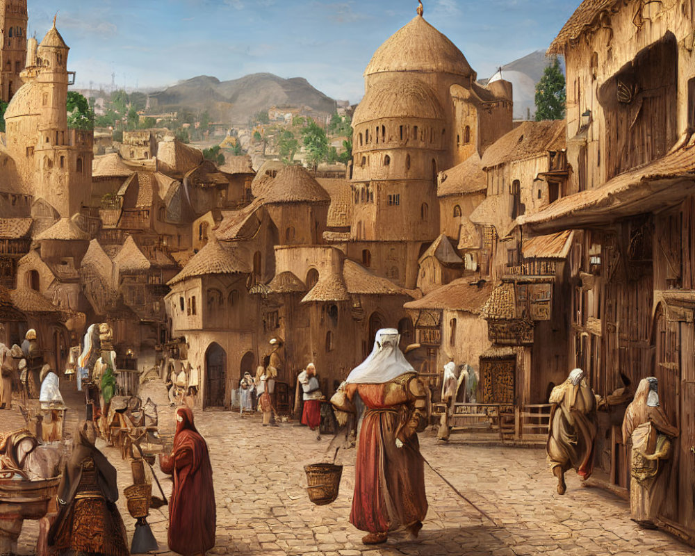 Traditional market scene in sunlit old-world town with ancient buildings and diverse stalls.