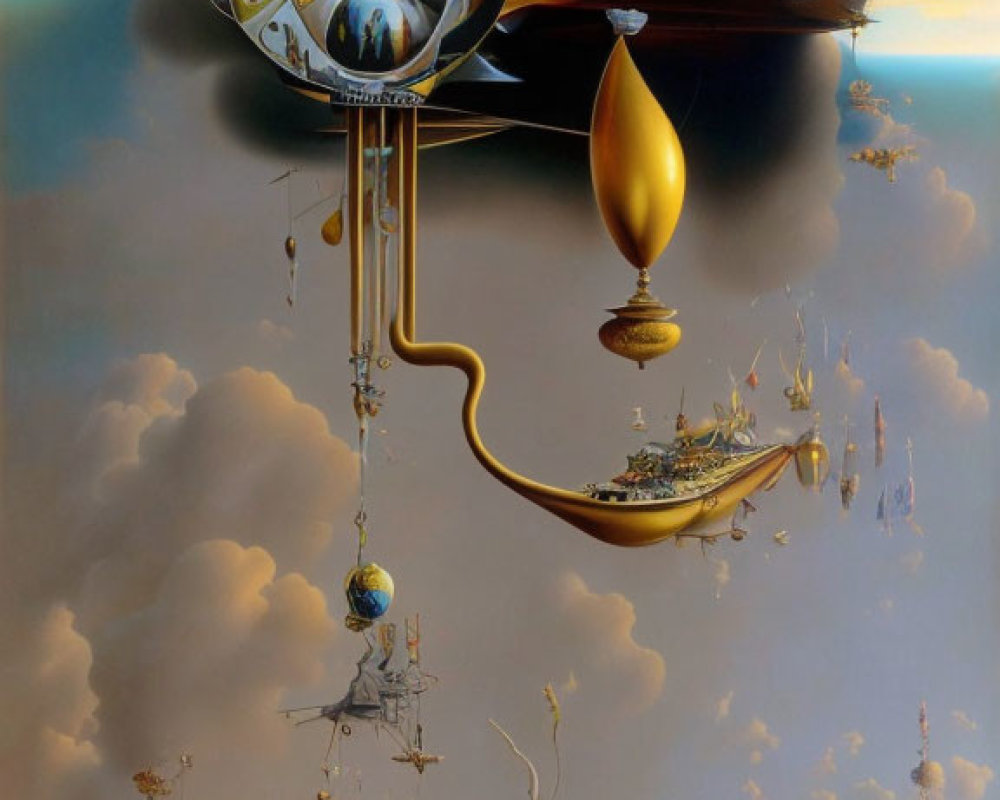 Surrealist painting with floating ships, clocks, and architecture against cloudy sky