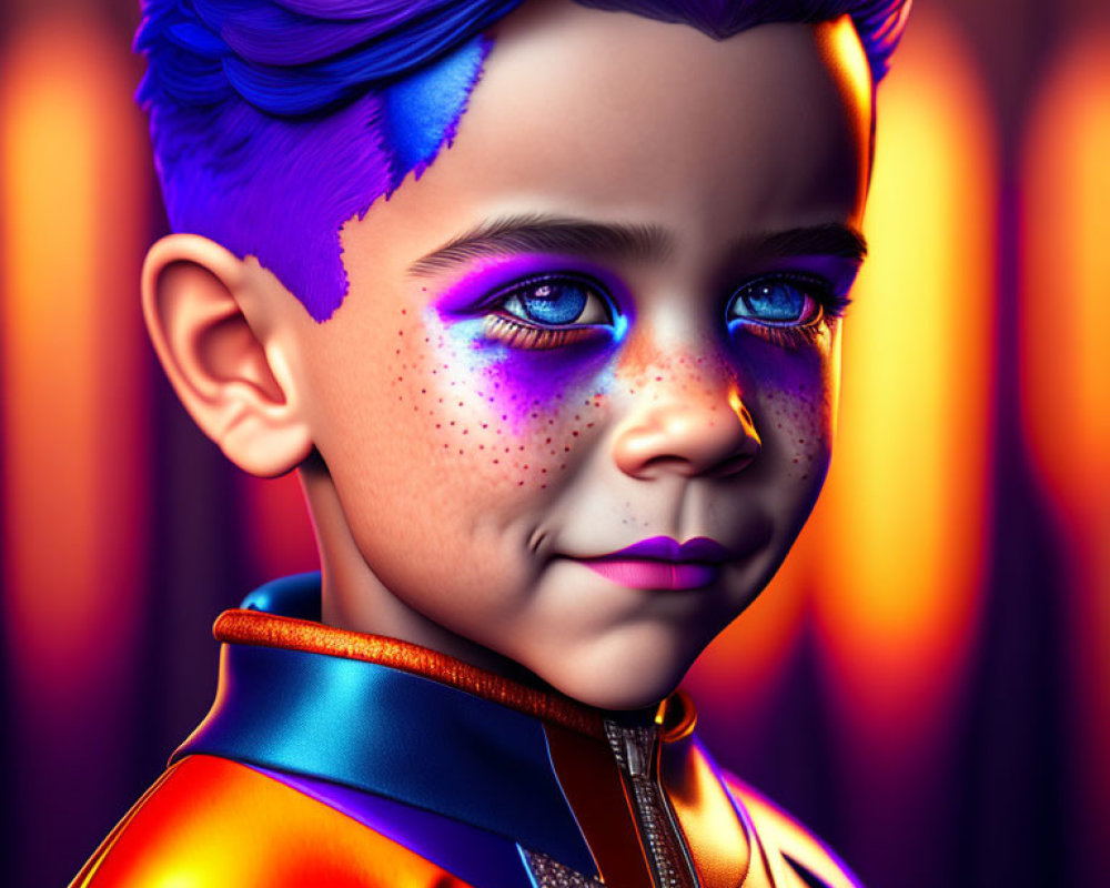Child with Blue Hair in Futuristic Outfit on Abstract Background