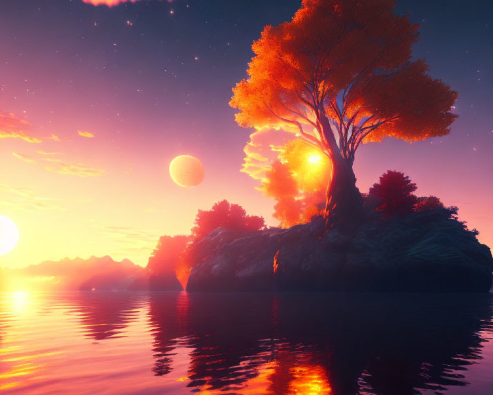 Colorful sunset over vibrant tree on islet with dual suns in sky