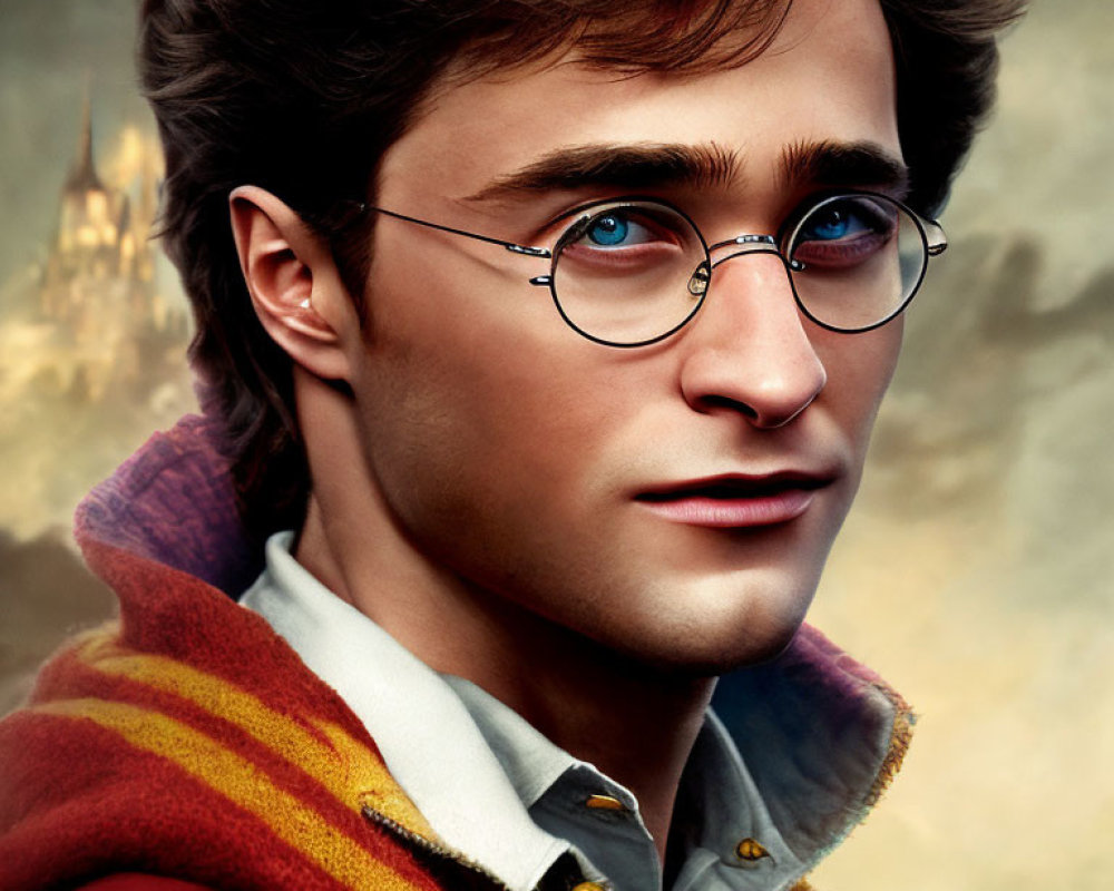 Young man with round glasses and intense gaze in digital artwork