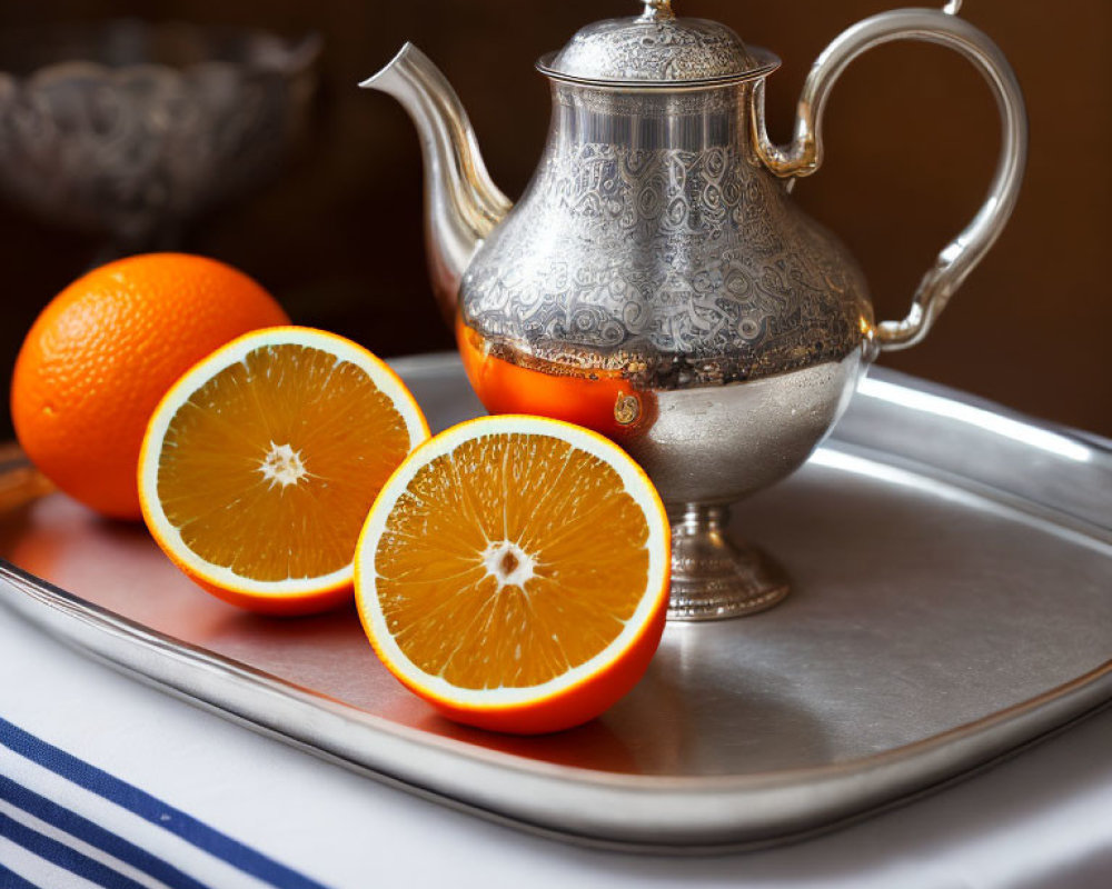 Silver ornate teapot with whole and sliced oranges on tray - vibrant citrus contrast