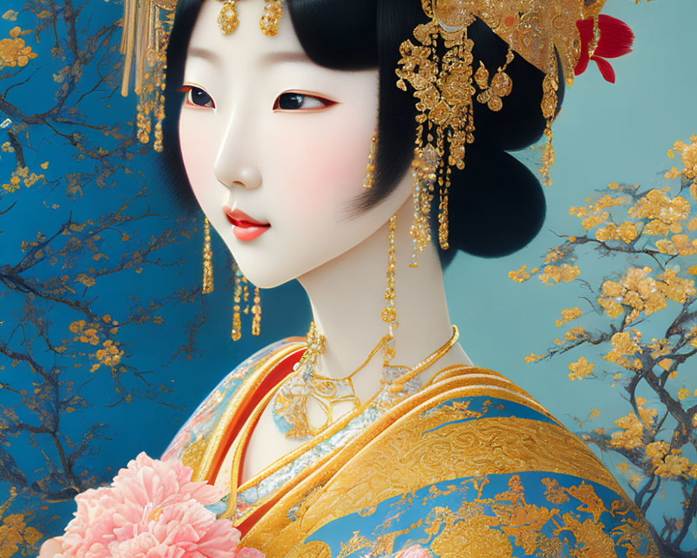 Detailed illustration of woman in traditional Asian attire with golden headpieces, holding pink flower on blue background.