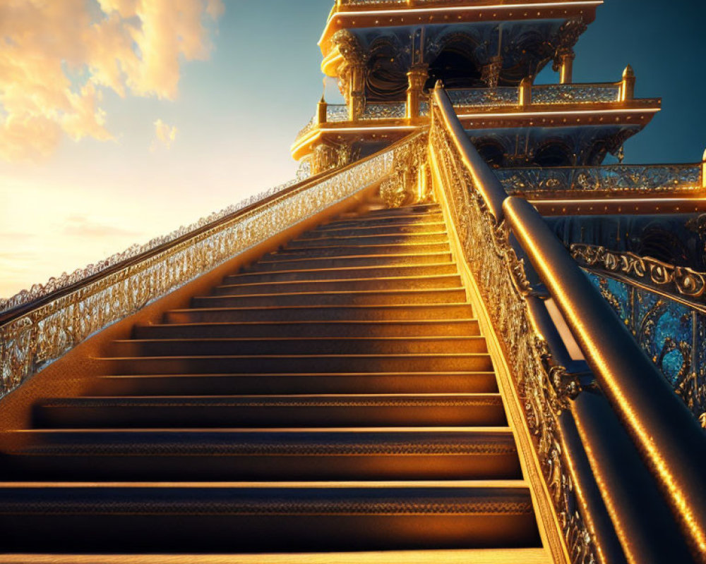 Luxurious golden ornate staircase under warm sunset glow