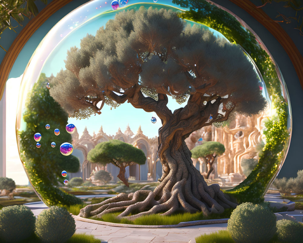Oversized bonsai tree under dome with soap bubbles and fantasy castle