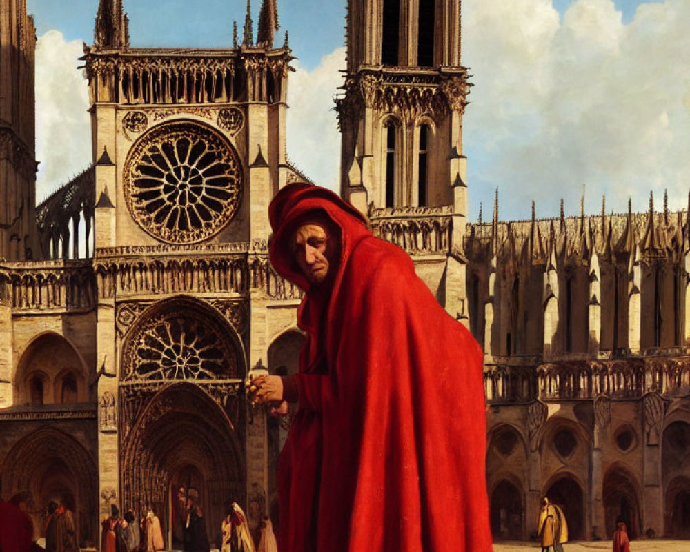 Vibrant red cloak figure at Notre-Dame Cathedral with Gothic architecture and rose windows.