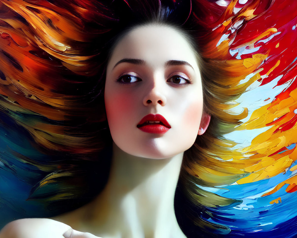 Colorful flowing hair portrait against dark background