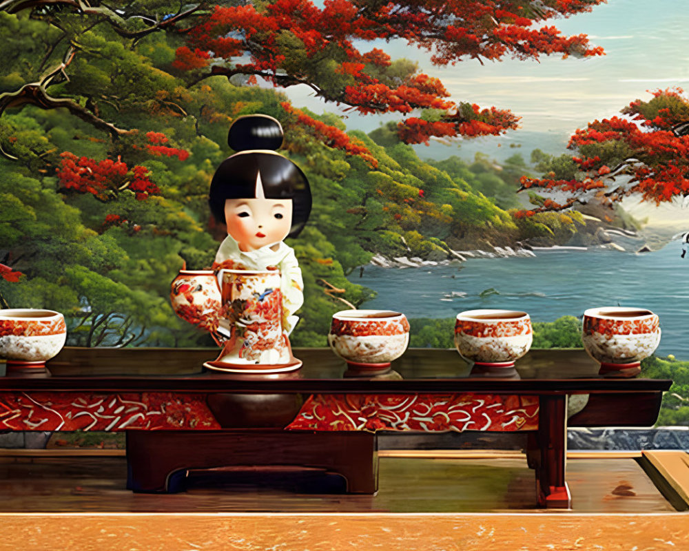 Illustration of Kokeshi Doll with Tea Set in Autumn Setting