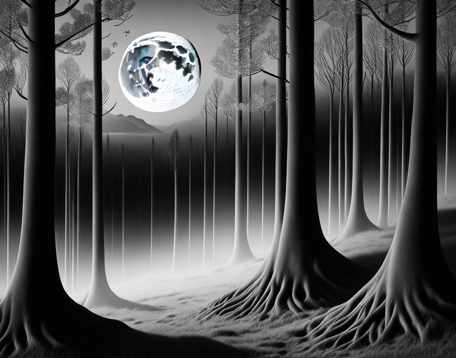 Monochrome forest landscape with stylized trees under a large glowing moon