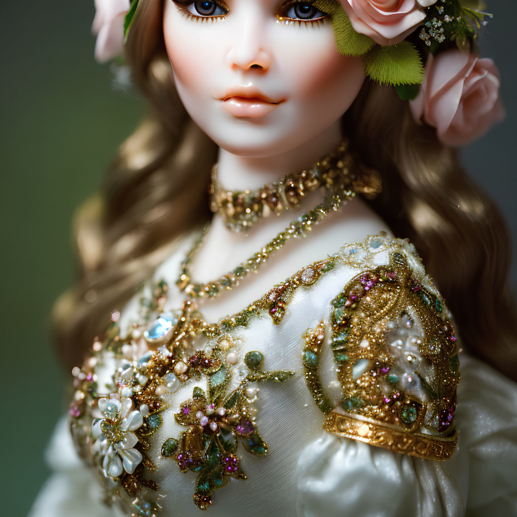 Porcelain doll in gold-trimmed dress with floral accents