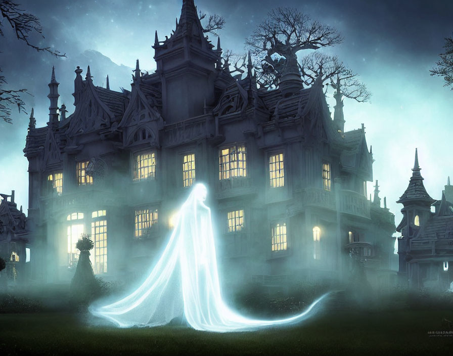 Ghostly Figure in White Floats by Eerie Mansion Amid Gloomy Sky