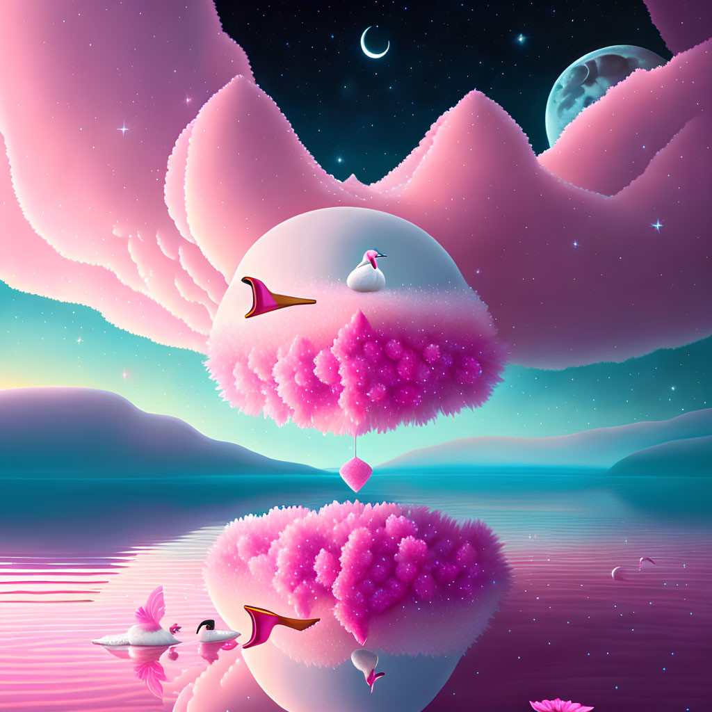 Surreal landscape with pink clouds, crescent moon, serene lake, floating islands, swans