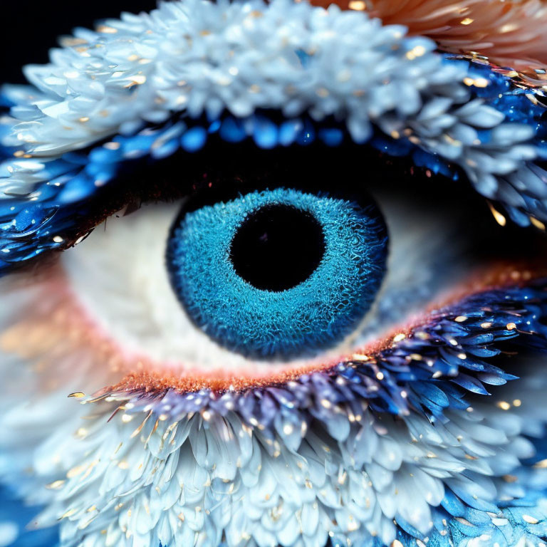 Detailed Close-Up of Vibrant Blue Eye with Orange Makeup