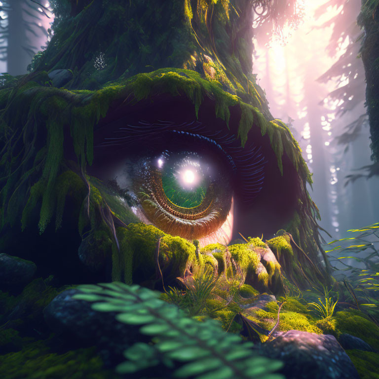 Detailed Eye in Mossy Forest Floor with Ethereal Sunlight
