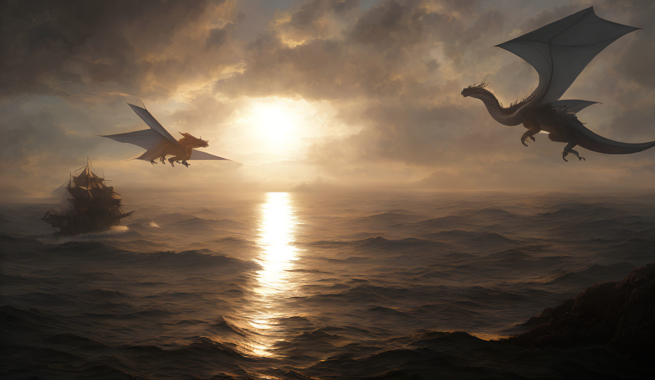 Mythical dragons soar over ocean at sunset near ancient ships