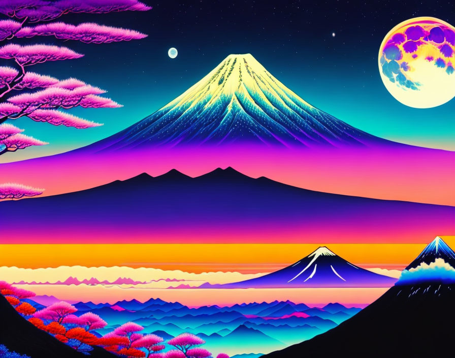 Digital Art: Surreal Landscape with Mount Fuji, Colorful Trees, and Double Moons