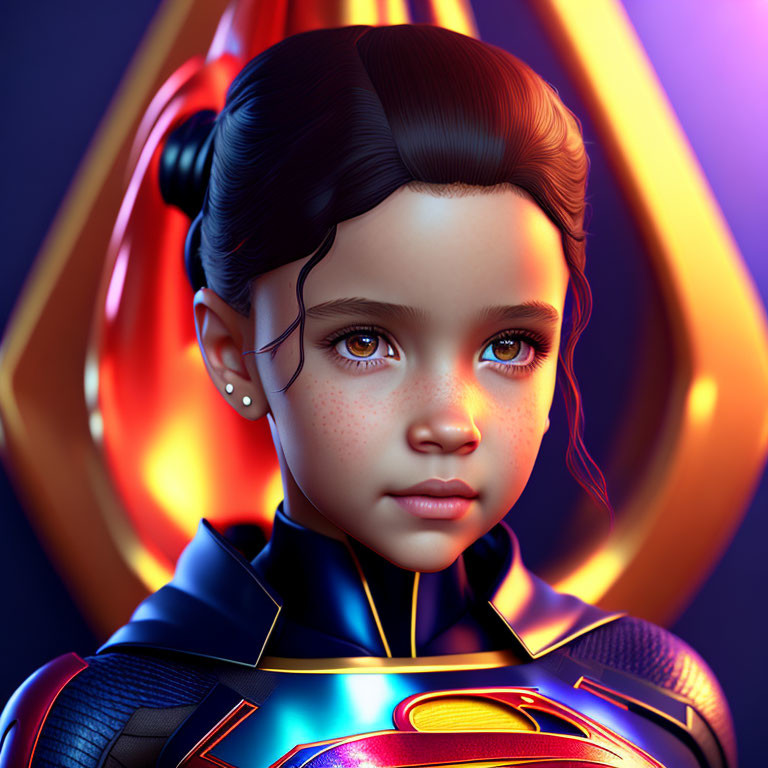 Young girl with twin buns and superhero outfit featuring 'S' logo.