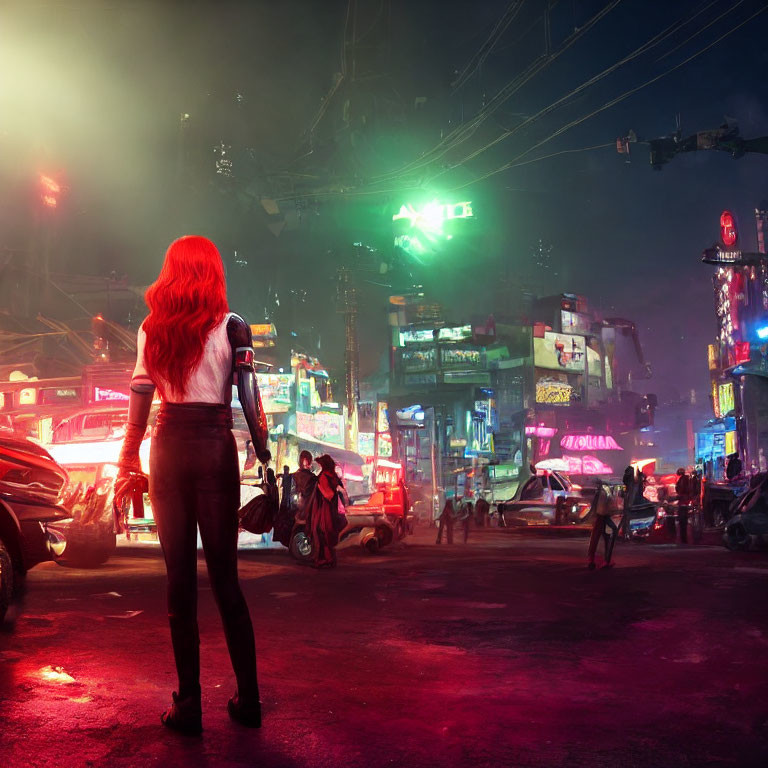 Red-Haired Woman on City Street at Night with Neon Signs