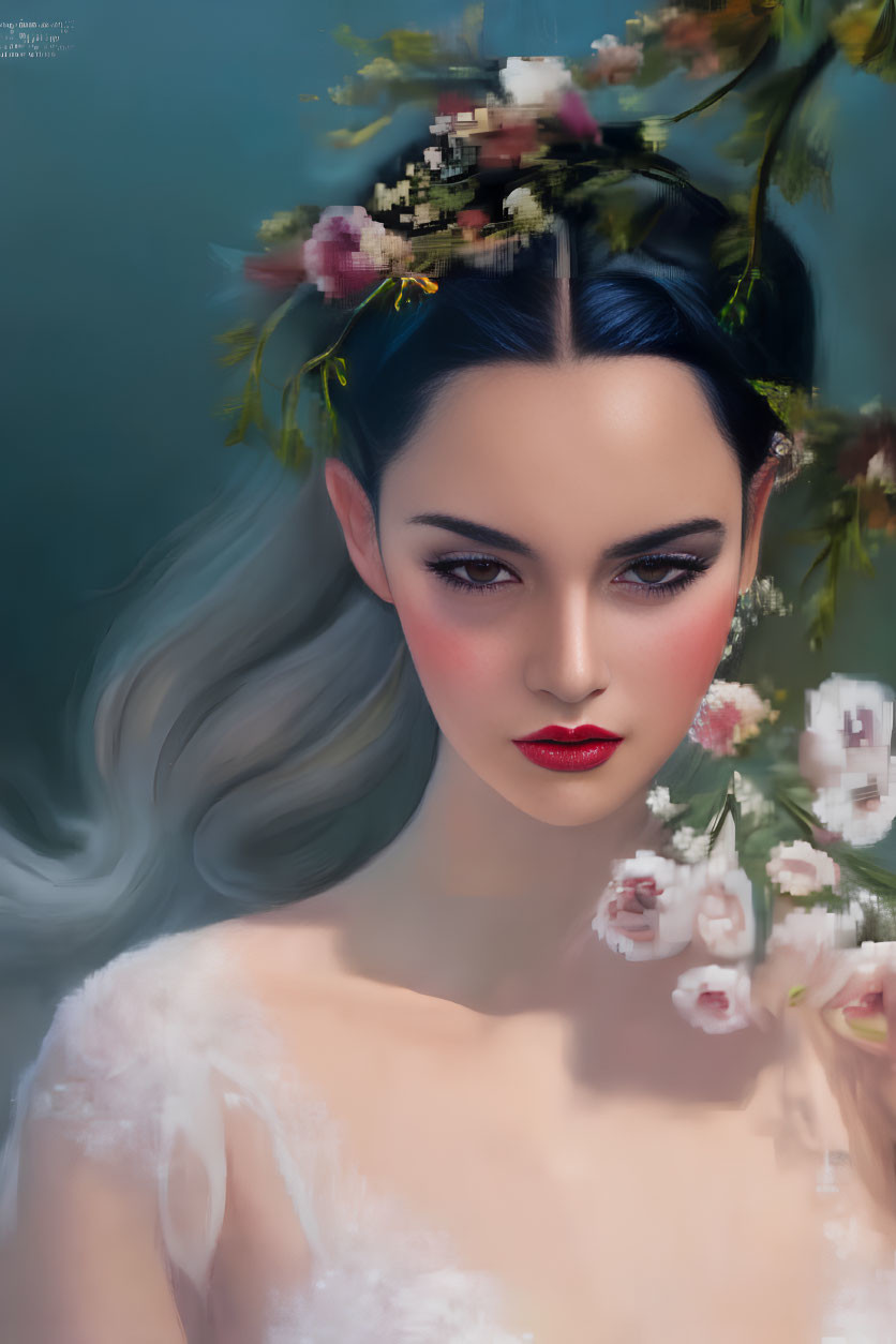 Digital portrait of woman with floral headpiece and red eyeshadow in white attire among soft-focus blooms