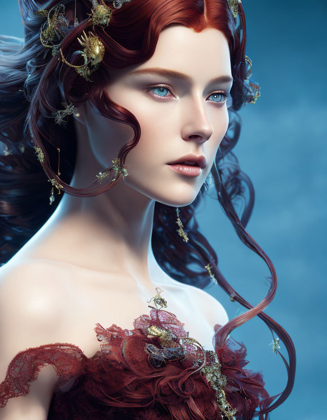 Digital Artwork: Woman with Red Hair, Gold Decorations, Blue Eyes, Red Lace Attire