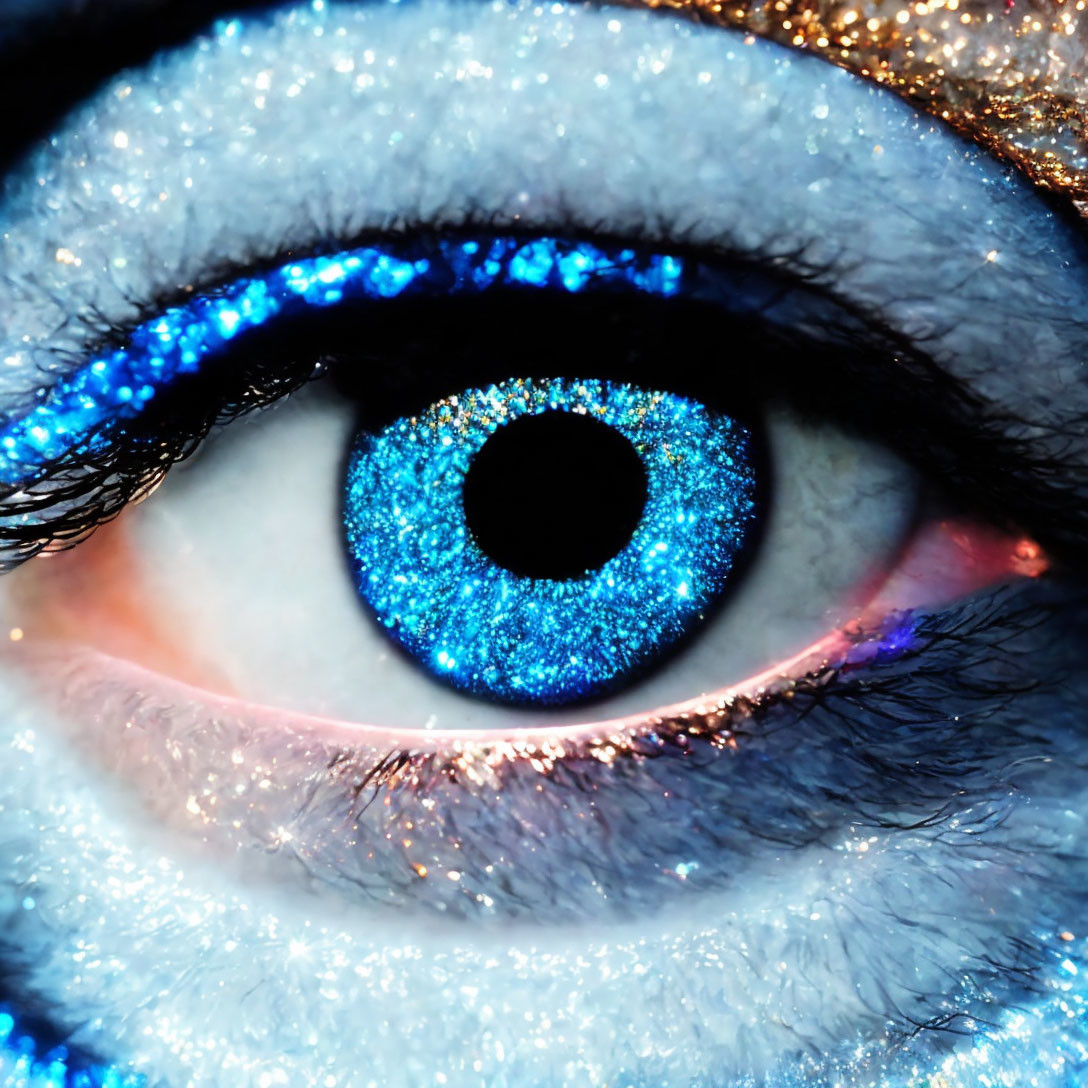Sparkling Blue Eye with Glittery Makeup and Gold Flecks