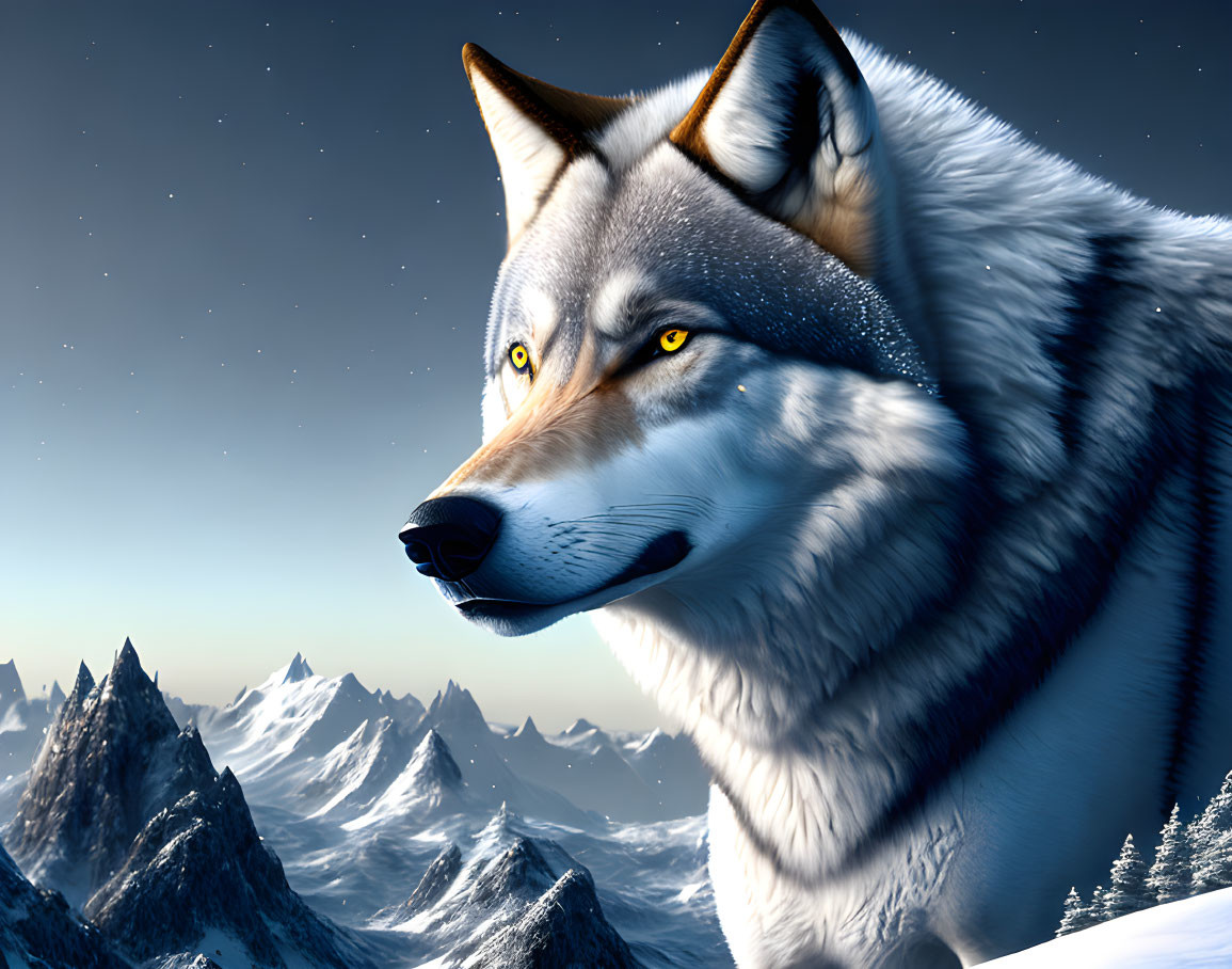 Digital Art: Majestic Wolf with Yellow Eyes in Snowy Mountain Setting