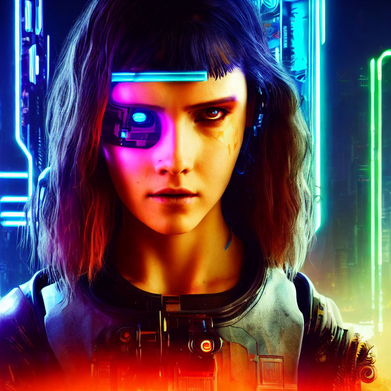 Cybernetic eye implant on woman in futuristic setting