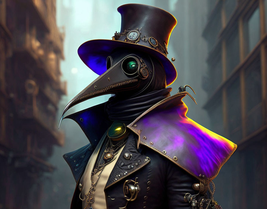 Steampunk character with bird-like mask and top hat in purple and black coat