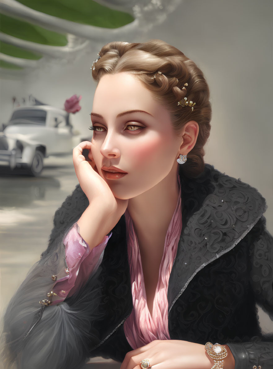 Vintage Attire Woman with Braided Hair Resting Cheek on Hand beside Classic Car