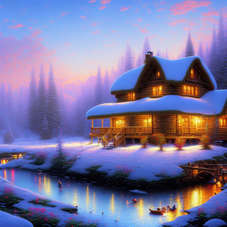 Snowy Twilight Scene: Cozy Log Cabin, Glowing River, Kayakers
