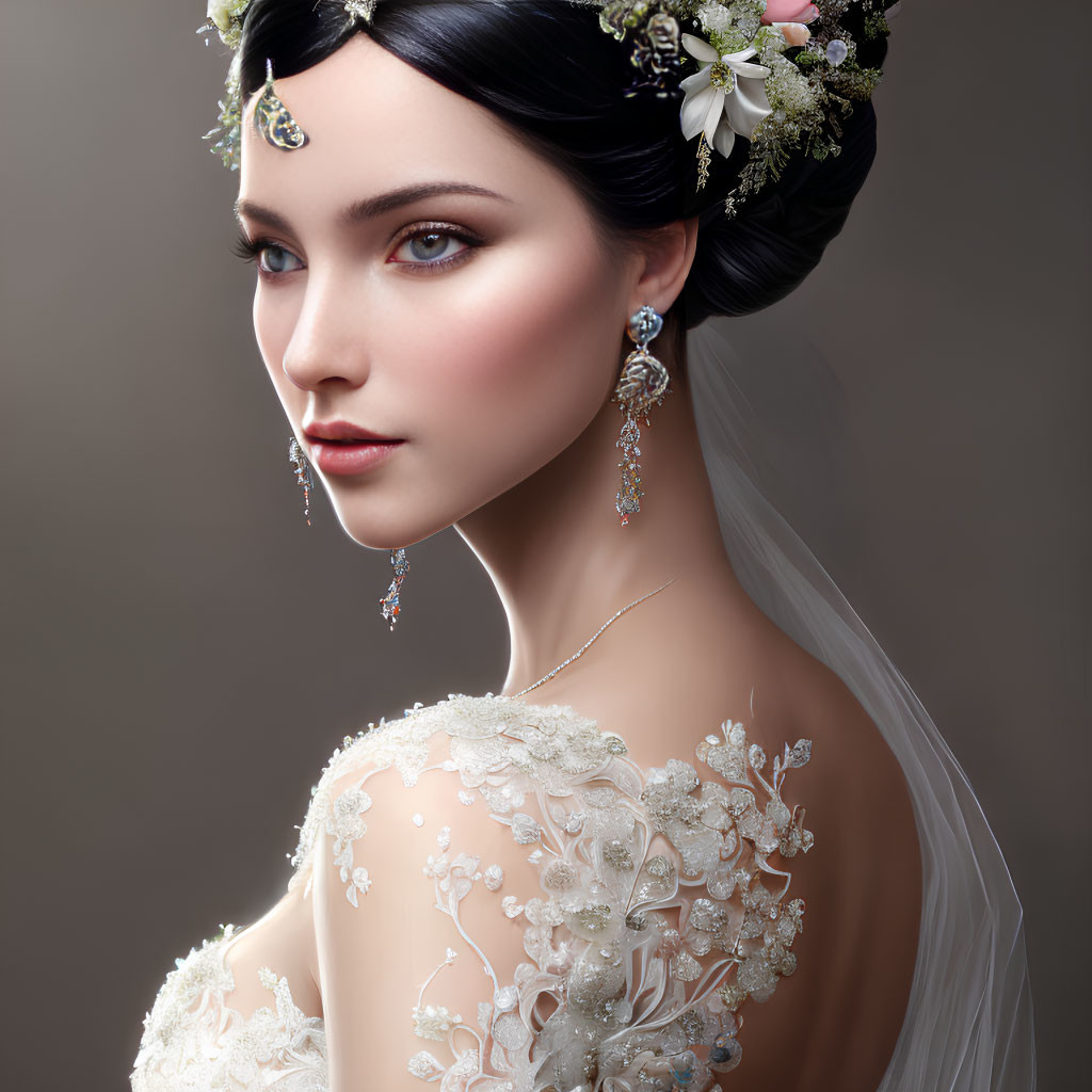 Bride wearing floral headpiece and intricate earrings in embellished gown