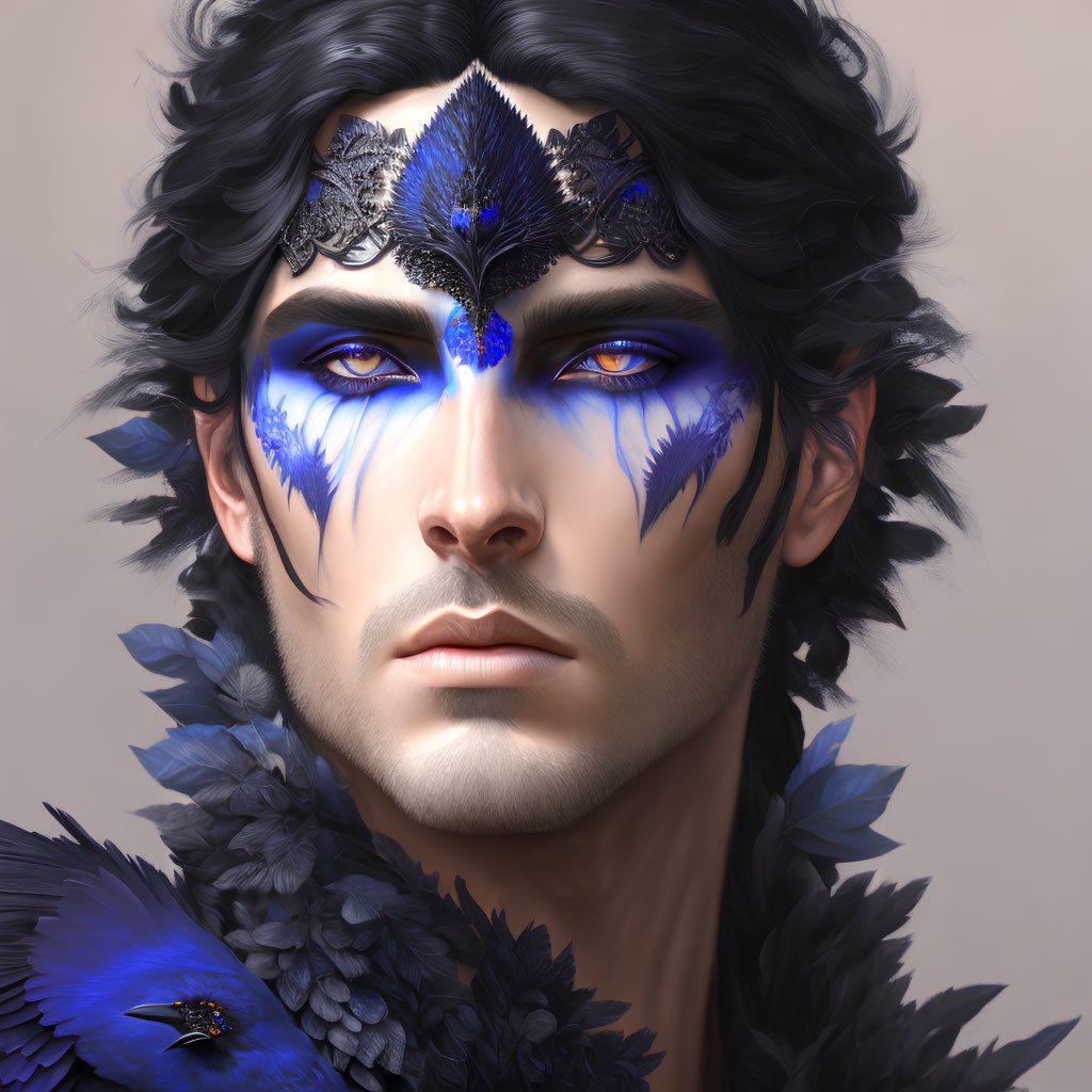 Detailed digital portrait of a man with blue eyes, feathered facial decor, and matching shoulder piece with