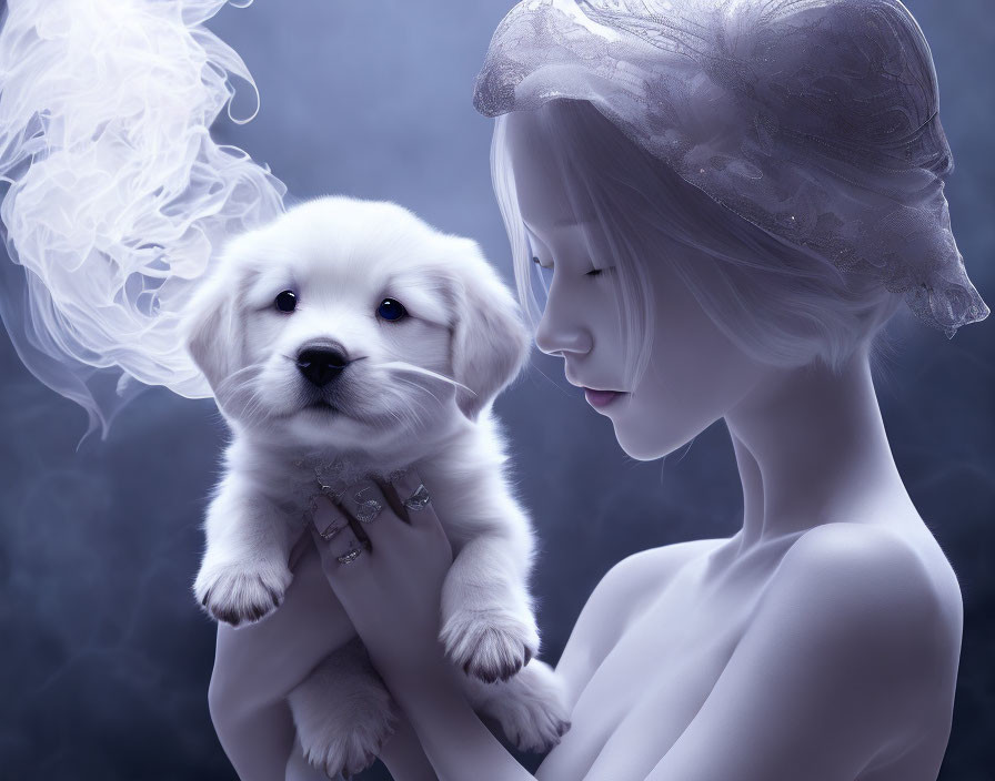 Woman in veiled hat with white puppy against mystical blue backdrop