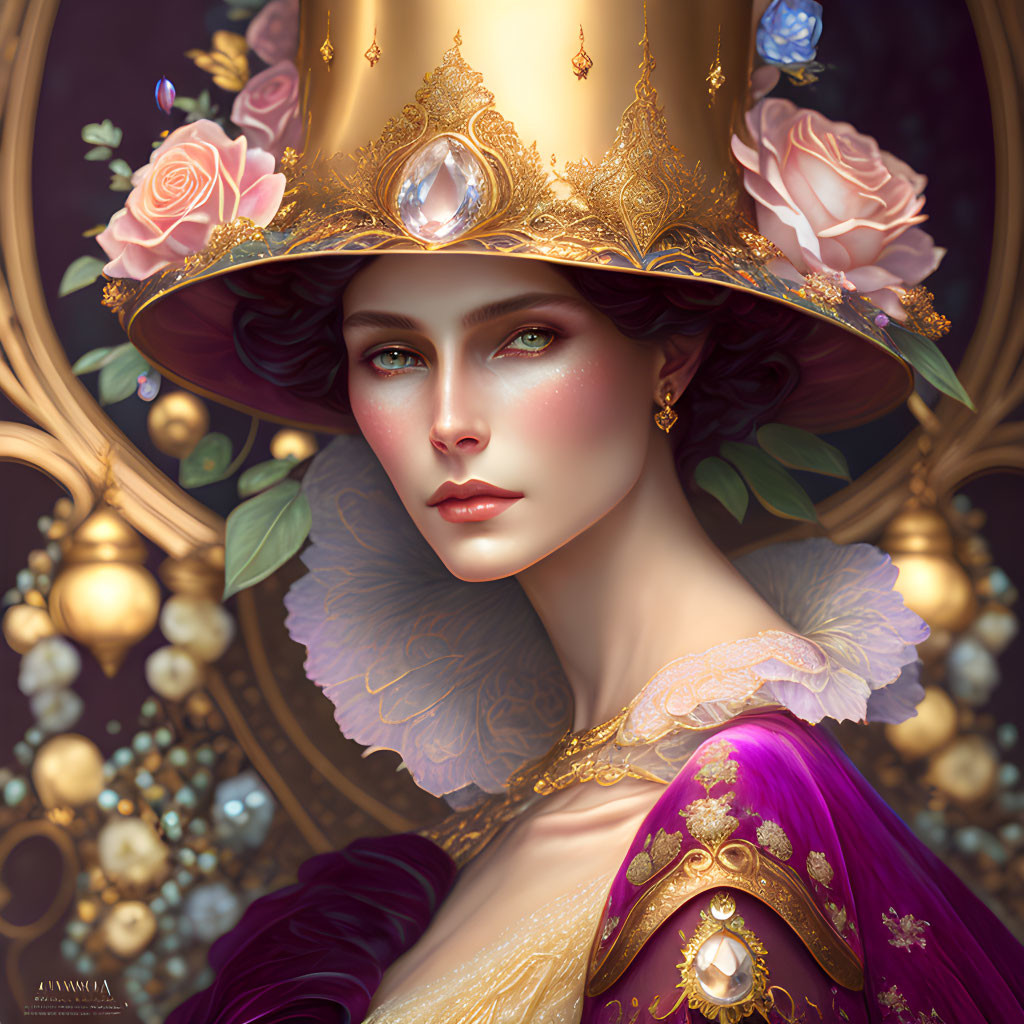 Golden Hat Portrait of Woman with Gems and Roses in Elegant Fantasy Scene