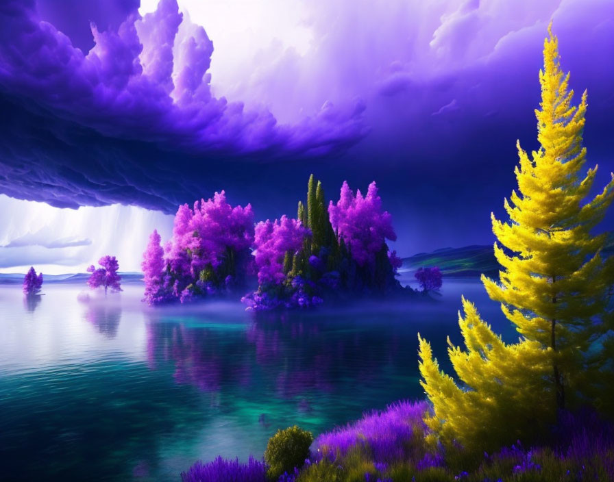 Colorful landscape with purple sky, lush islands, turquoise lake, and yellow trees.