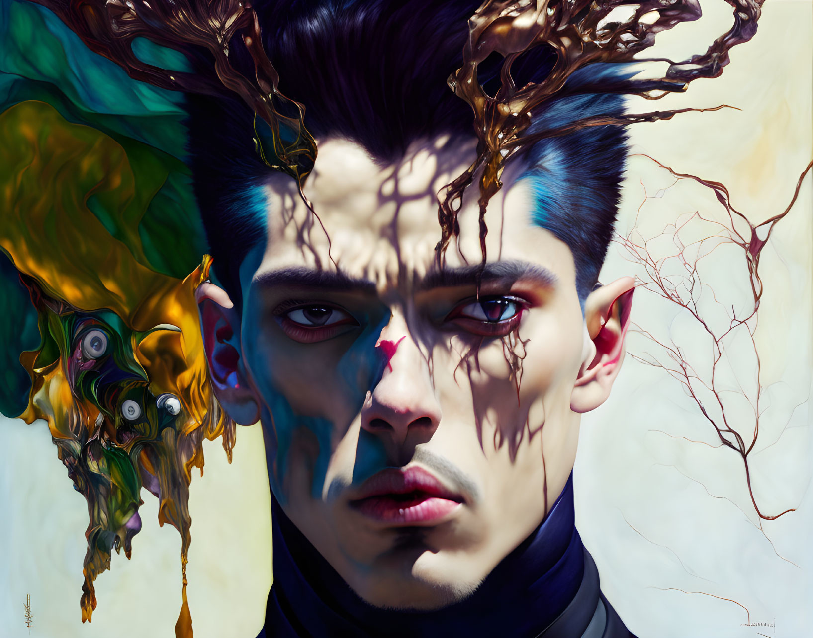 Surreal portrait of man with branches, vibrant colors, and intricate root-like lines