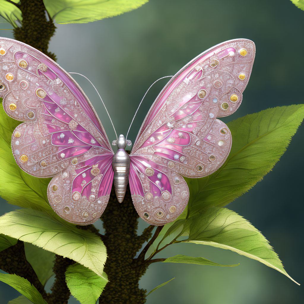 Mechanical butterfly with pink ornate wings on leafy branch